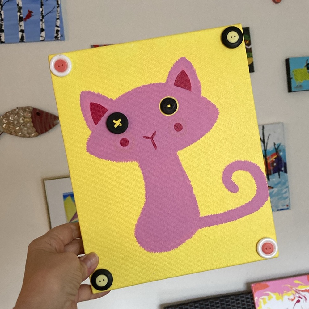 10/$30 Cat button Art painting NEW pink cat black button eyes handmade 8”x10”